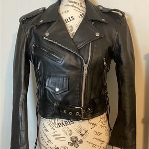 VINTAGE NEW BLACK HEAVY-LEATHER BiKER LADIES RIDING JACKET SIZE SMALL